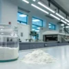 A clear glass jar half full of THCA white powder with a pile of powder next to it on a lab counter.