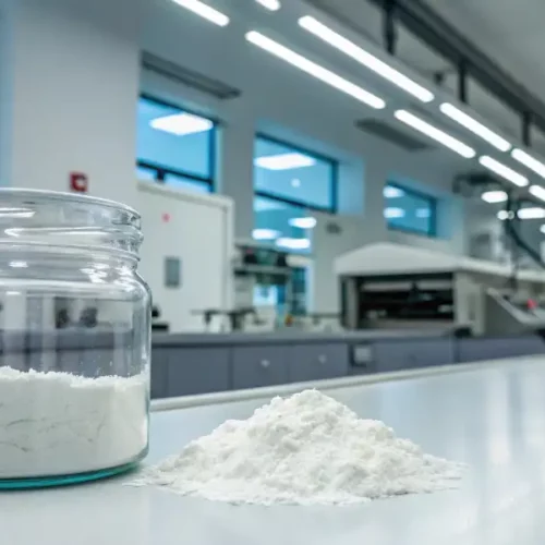 A clear glass jar half full of THCA white powder with a pile of powder next to it on a lab counter.