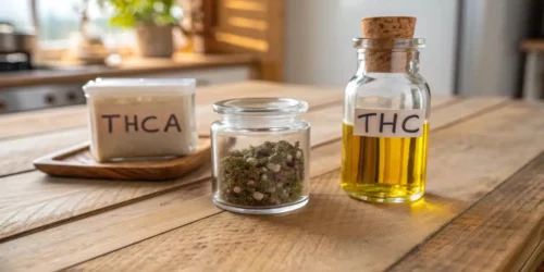 Two glass containers on a laboratory table, one with THCA crystals and the other with THC oil.