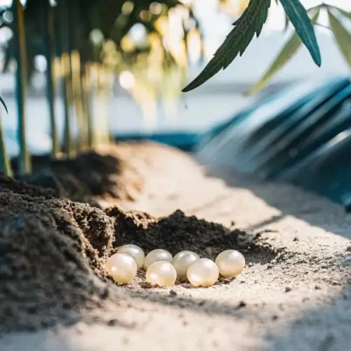 Cluster of insect eggs in soil between rows of young cannabis plants.
