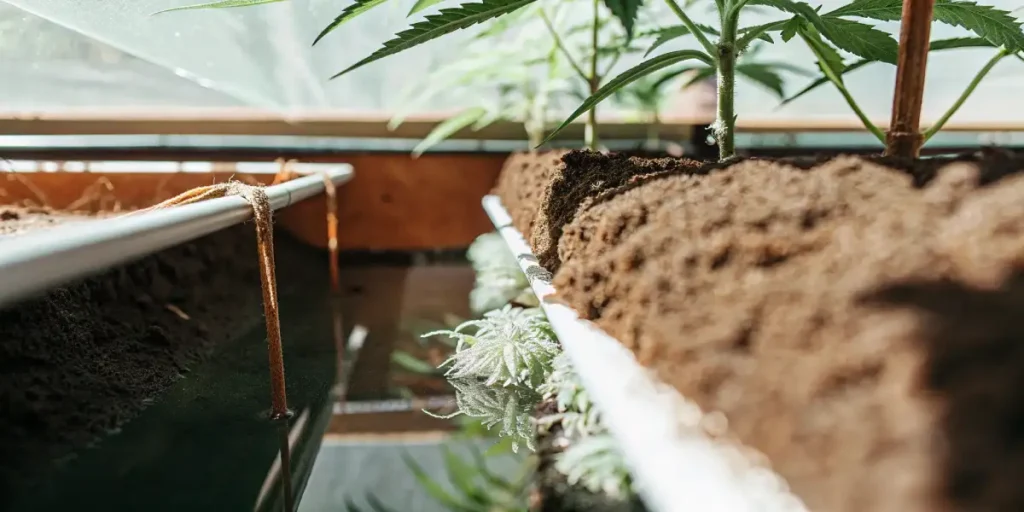 Cluster of white root aphids infesting cannabis roots in a soil bed.