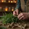 Preparing cannabis root for gout treatment in a herbal medicine workshop with warm lighting.